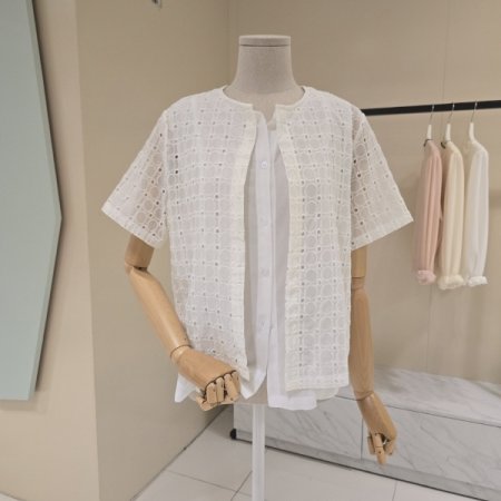 이중펀칭 시폰배색 린넨 블라우스