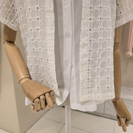 이중펀칭 시폰배색 린넨 블라우스