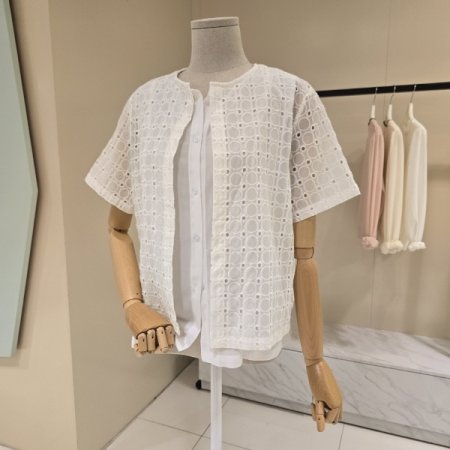 이중펀칭 시폰배색 린넨 블라우스