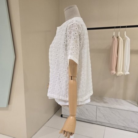 이중펀칭 시폰배색 린넨 블라우스