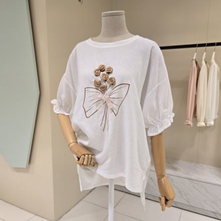 로즈 리본 언발 라운드 티셔츠