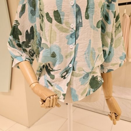 민트 플라워 큐빅 루즈핏 블라우스