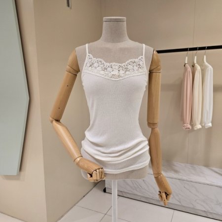크림 레이스 골지 민소매티셔츠