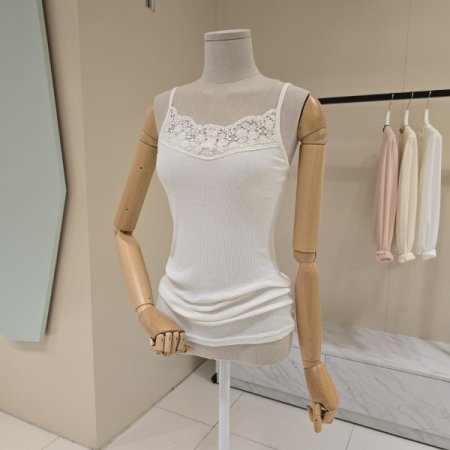 크림 레이스 골지 민소매티셔츠