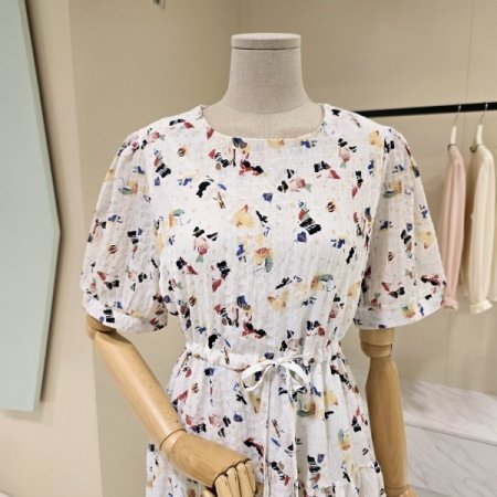 허리스트링 프린트 라운드원피스