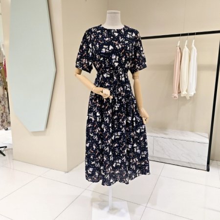 프린트 스트링 라운드 원피스