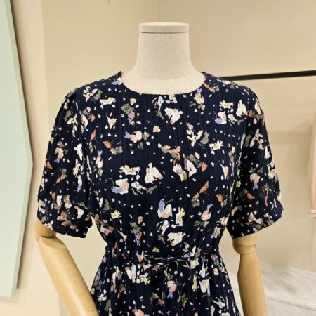 프린트 스트링 라운드 원피스