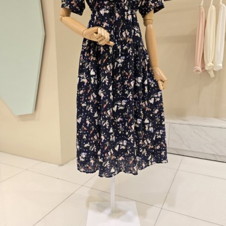 프린트 스트링 라운드 원피스