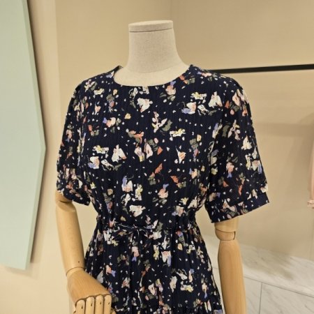 프린트 스트링 라운드 원피스