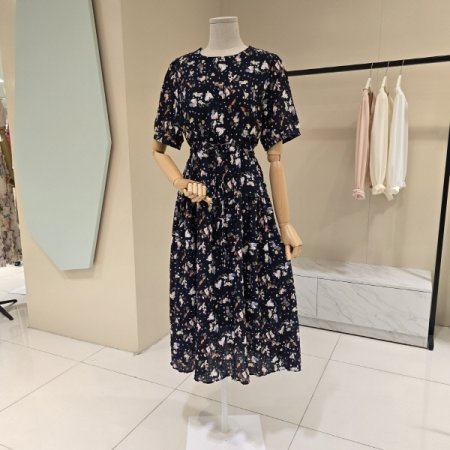 프린트 스트링 라운드 원피스