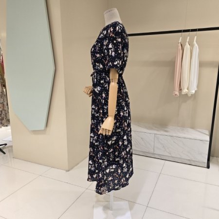 프린트 스트링 라운드 원피스