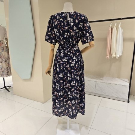 프린트 스트링 라운드 원피스