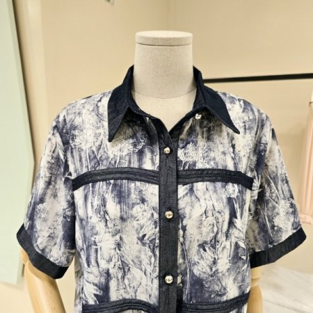 배색 묶음 카라 블라우스