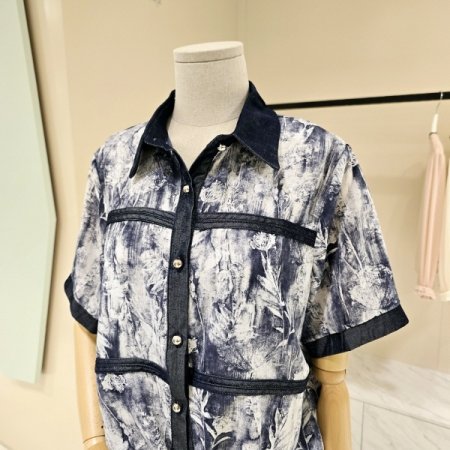 배색 묶음 카라 블라우스