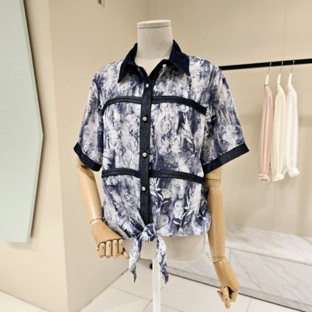 배색 묶음 카라 블라우스