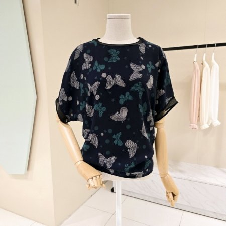 나비 망사라인 라운드블라우스