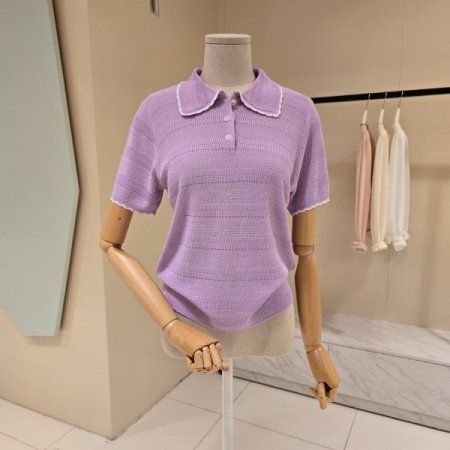 라인배색 펀칭 카라니트