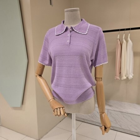 라인배색 펀칭 카라니트