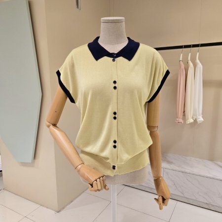 카라 배색 캡소매 니트 가디건