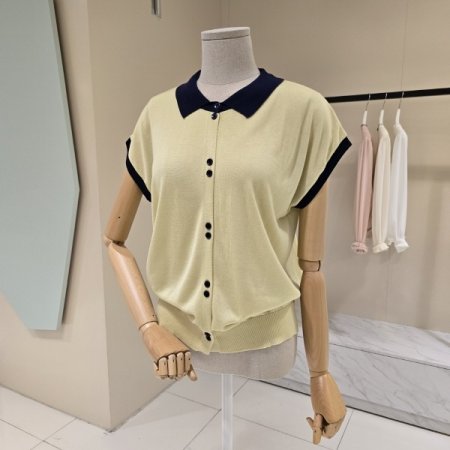 카라 배색 캡소매 니트 가디건