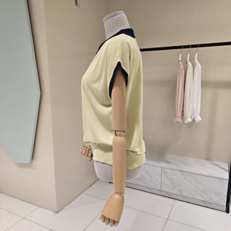 카라 배색 캡소매 니트 가디건