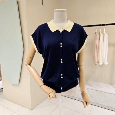 캡소매 카라배색 니트가디건