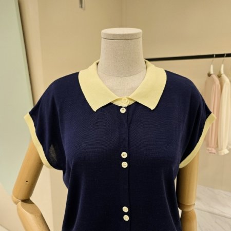 캡소매 카라배색 니트가디건