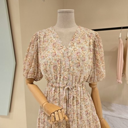 플라워 스트링 브이넥 시폰원피스