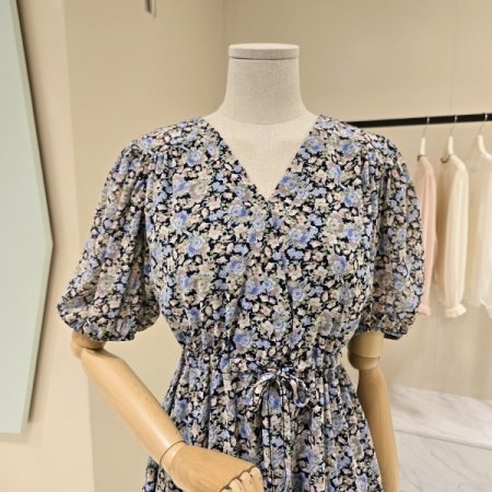 브이넥 스트링 플라워 시폰원피스