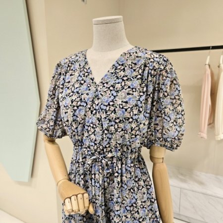 브이넥 스트링 플라워 시폰원피스