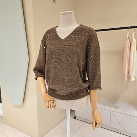 7부 비즈 브이넥 니트