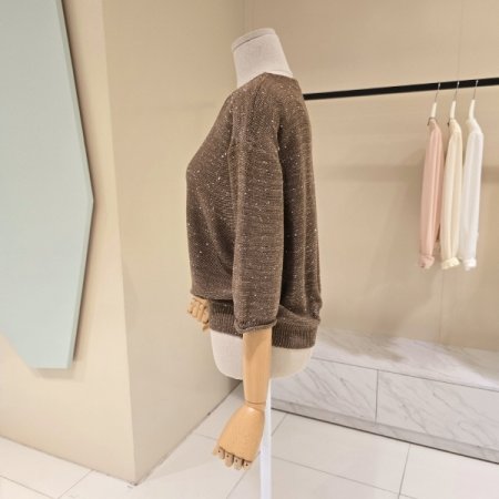 7부 비즈 브이넥 니트