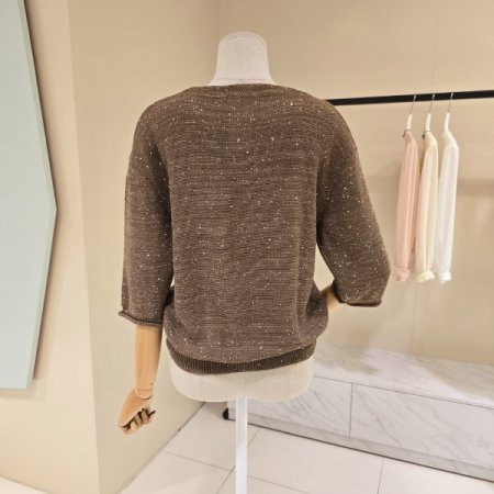 7부 비즈 브이넥 니트