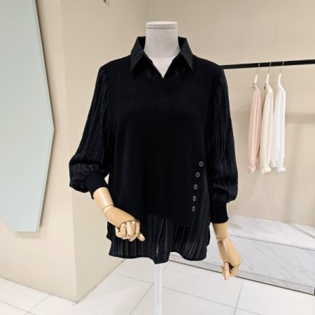 니트배색 단가라 셔츠블라우스