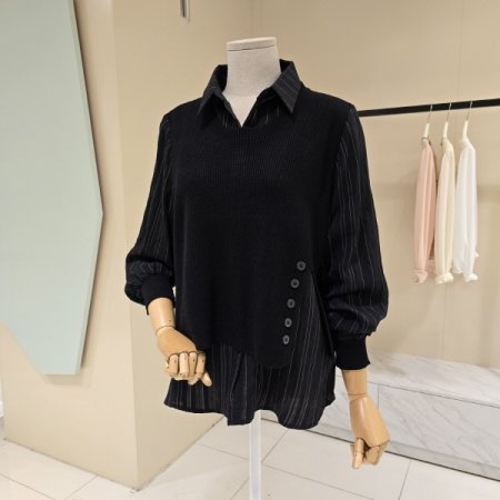 니트배색 단가라 셔츠블라우스