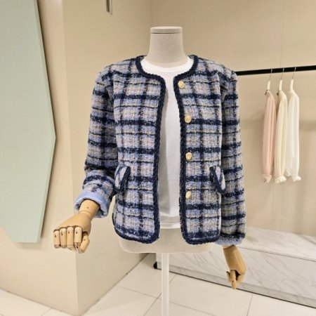 라인배색 라운드 체크자켓