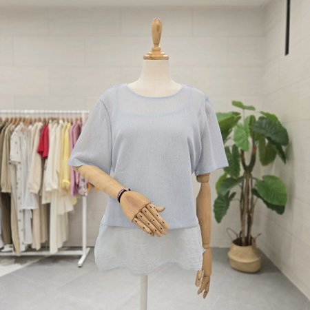 니트배색반팔블라우스