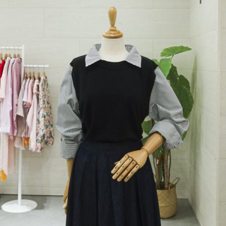 셔츠배색단추긴팔니트