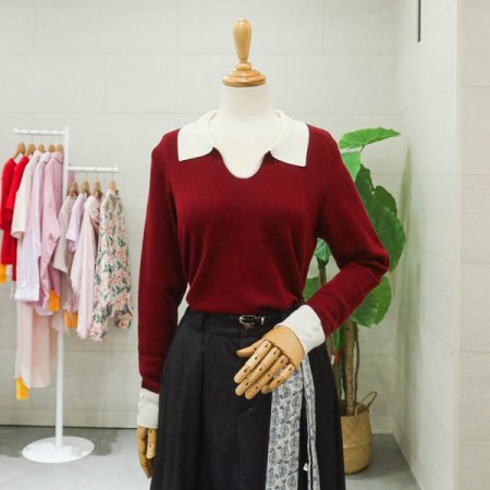 배색카라긴팔니트