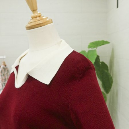 배색카라긴팔니트