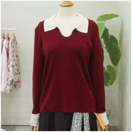 배색카라긴팔니트