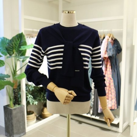 숄배색스트라이프니트