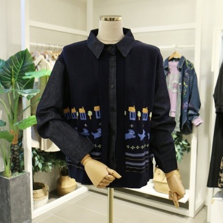 패턴니트배색청남방블라우스