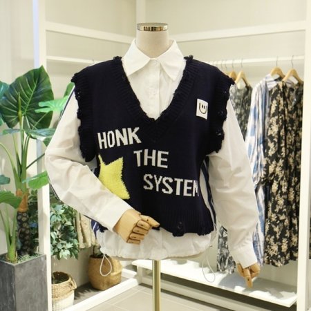 유니크조끼배색셔츠블라우스