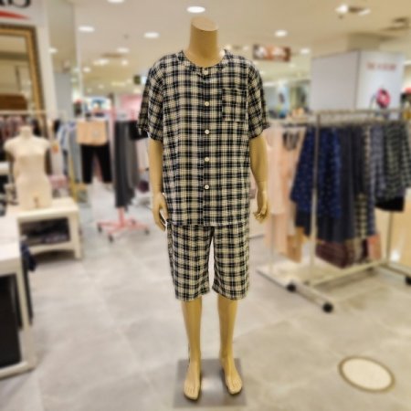 남성 사각체크 라운드넥 파자마 잠옷