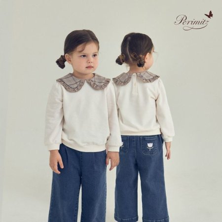 초등 여아 체크 프릴 카라 티셔츠