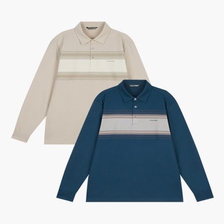 와플조직 상단 스트라이프 카라 티셔츠