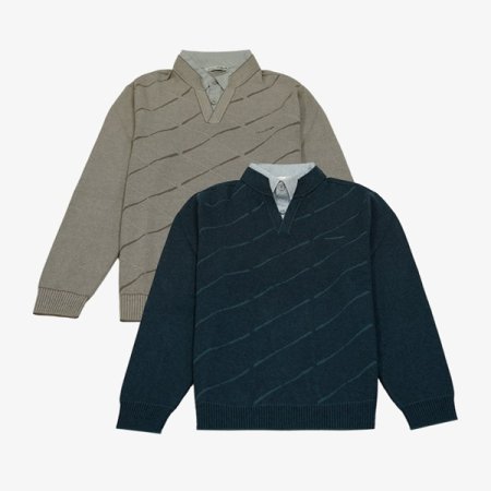 사선 조직 자카드 브이넥 레이어드