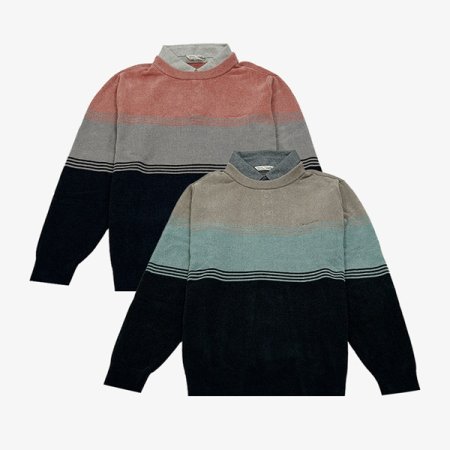 셔닐 블록 패턴 라운드 레이어드 니트