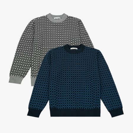 체크 조직 모크넥 니트